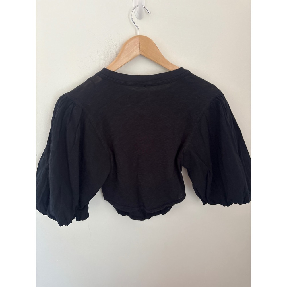 Free‎ People Black Puff Sleeve Ruched Crop Top XS Slub Knit Balloon Sleeve Boho - Picture 3 of 3